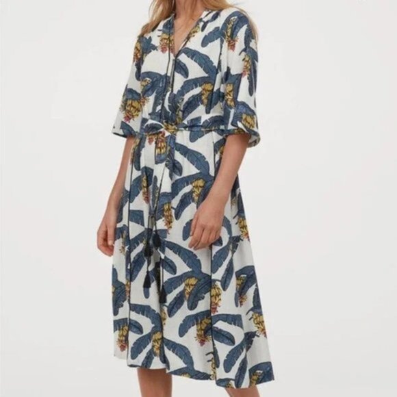 Desmond & Dempsey x H&M Linen Banana Leaf Belted Midi Kaftan Medium - Picture 1 of 4